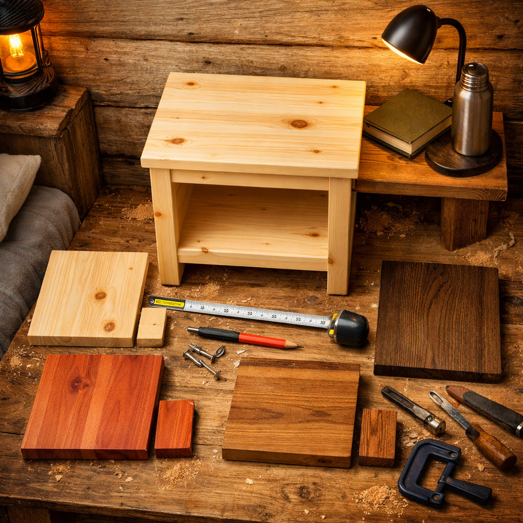 Overhead nightstand woodworking scene with pine table, cedar and oak samples, tools, measurements, and an open lower shelf.