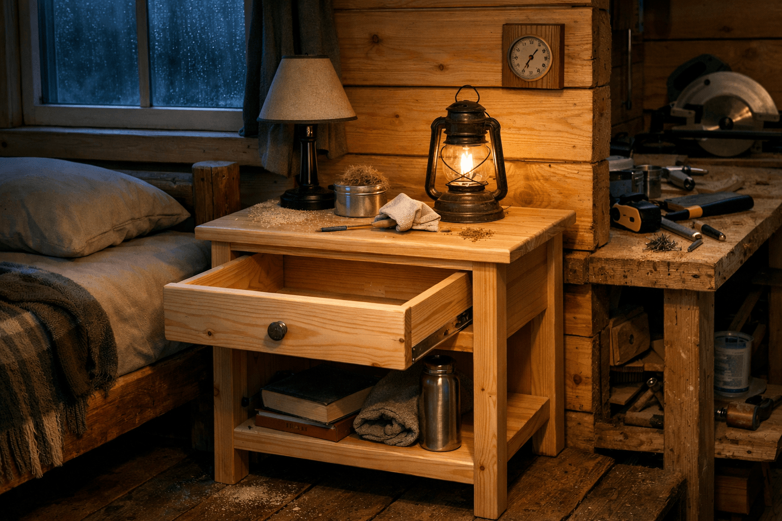 Off-grid cabin bedroom with open-drawer pine nightstand woodworking beside a bed, tools, supplies, and cool window light.