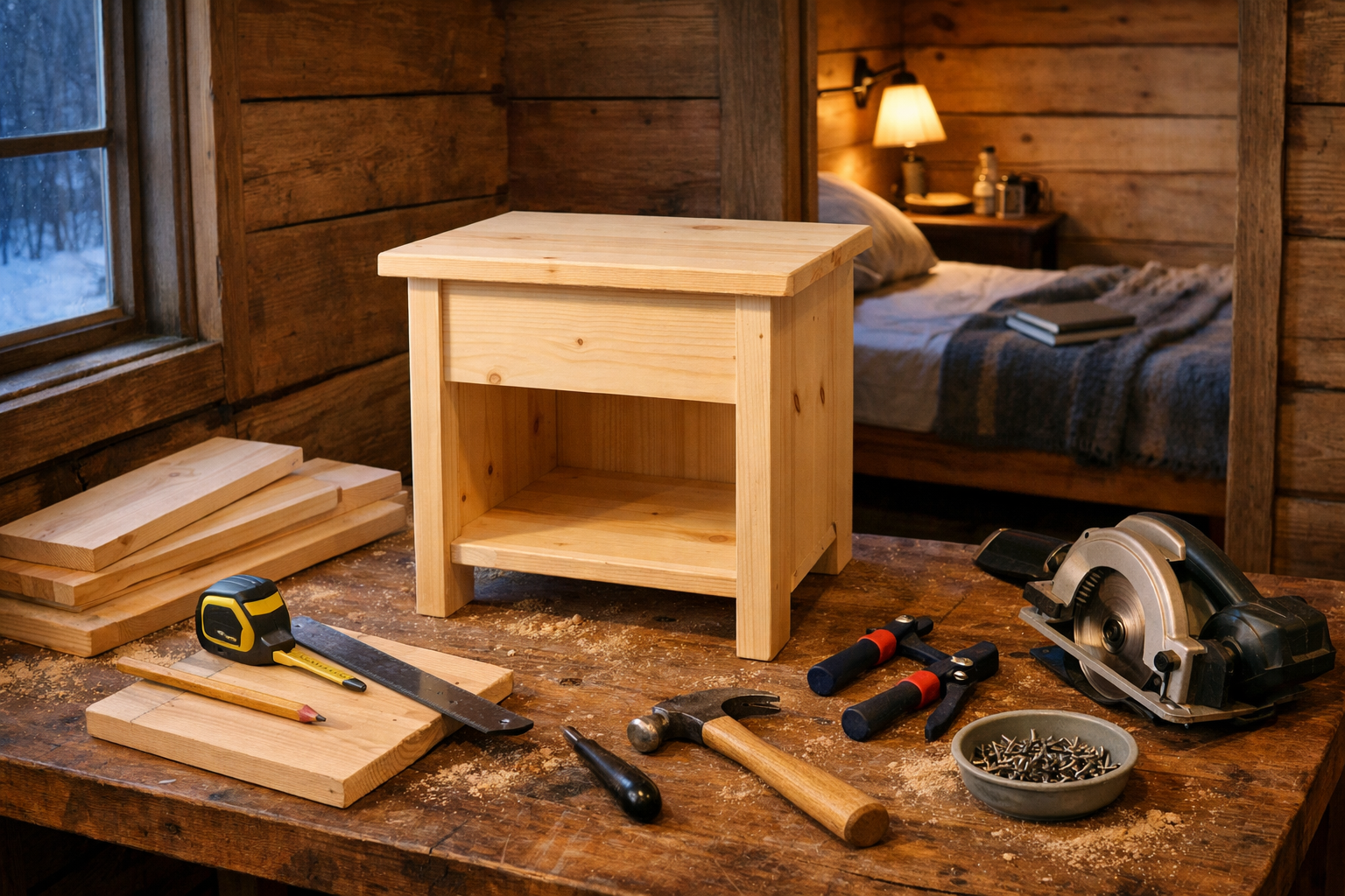 Nightstand woodworking project on a rustic cabin workbench, surrounded by hand tools, with a bedroom visible through the doorway.