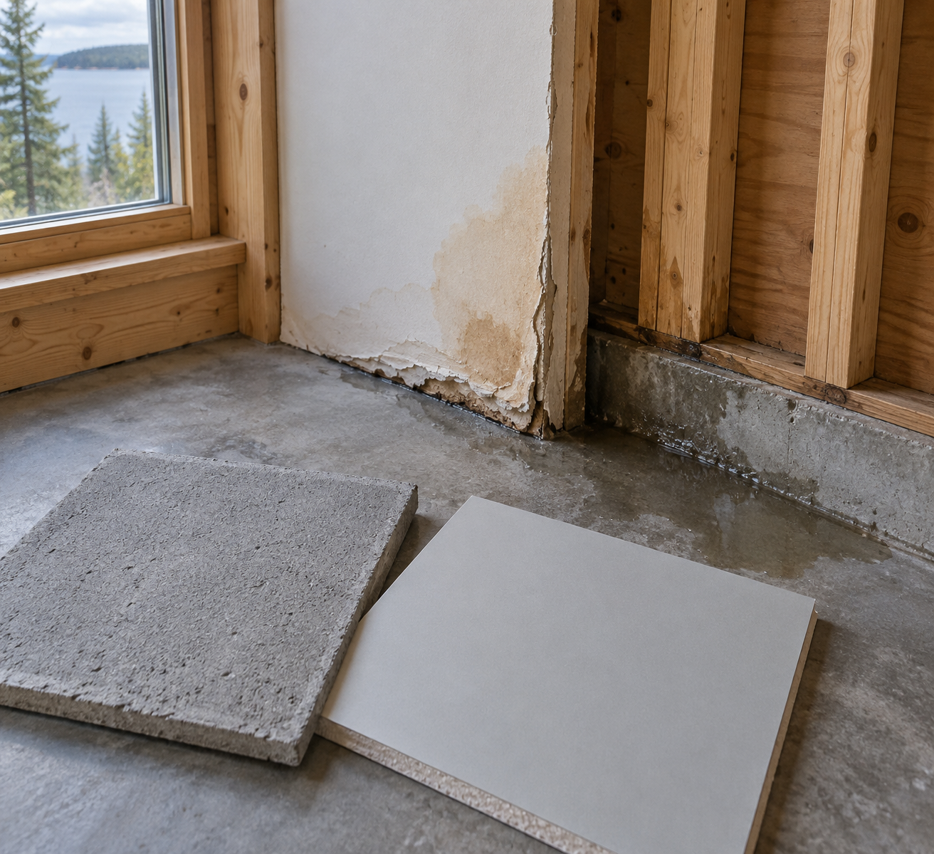 Damaged drywall and sheetrock beside timber studs, with cement board and weather-resistant panels on a damp cabin floor.