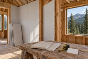 Drywall and sheetrock samples contrast with exposed timber framing inside a cabin under construction, with a forest view through the window.