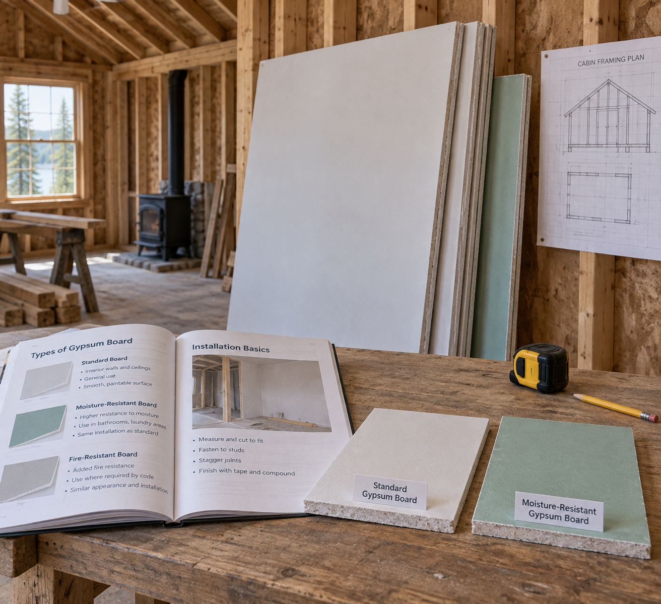 Drywall and sheetrock samples, an open construction manual, and a tape measure on a table beside unfinished cabin framing.