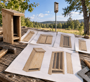 Building plans for bat house designs beside a plywood example, with a bat house mounted on a pole in a sunny yard.