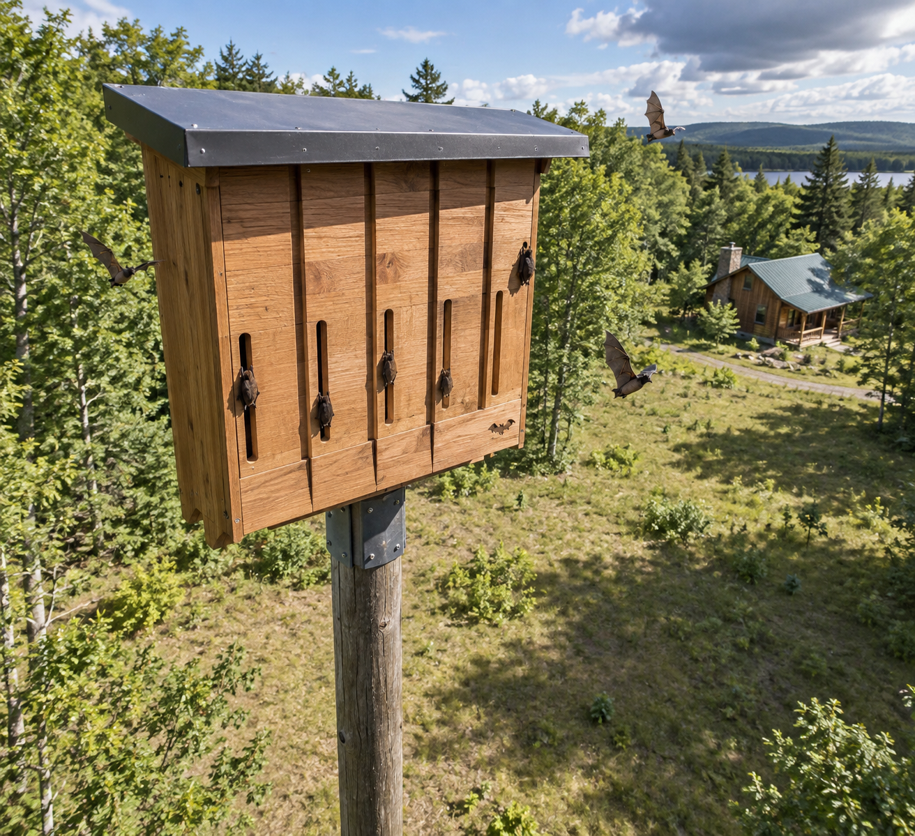Large multi-chamber bat house on a pole in a sunny clearing, with bats at the entrances; building plans for bat house nearby.