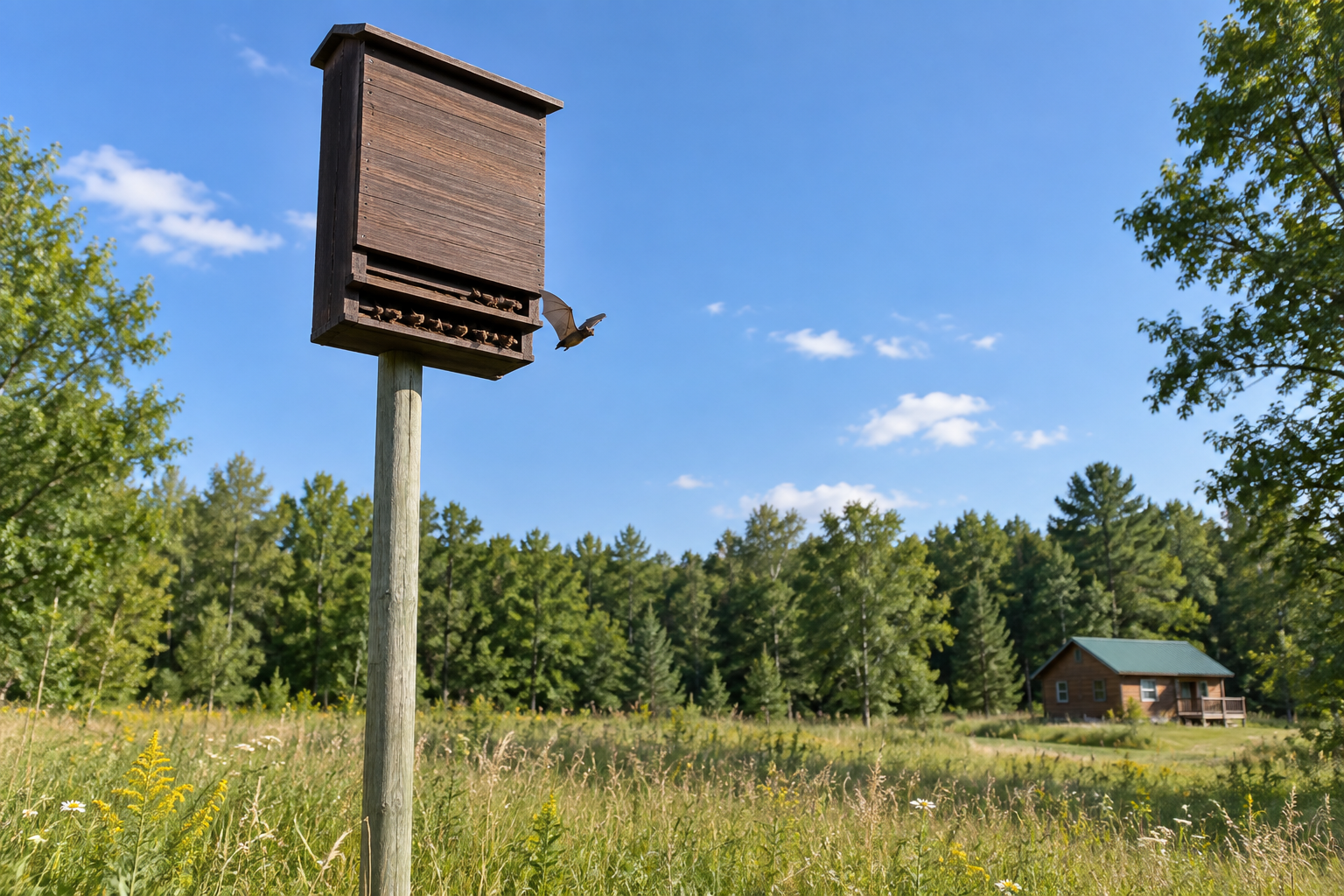 Sunlit bat house on a tall pole in a rural clearing, with bats at the roosting slots; building plans for bat house nearby.