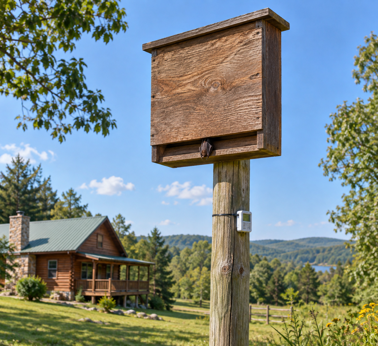 Compact bat house on a pole in a sunny cabin yard, with a bat at the entrance; building plans for bat house nearby trees.