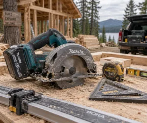 Compact cordless saw and measuring tools on sawdust-covered plywood at a wooded cabin siteu2014beginners tools for woodworking.