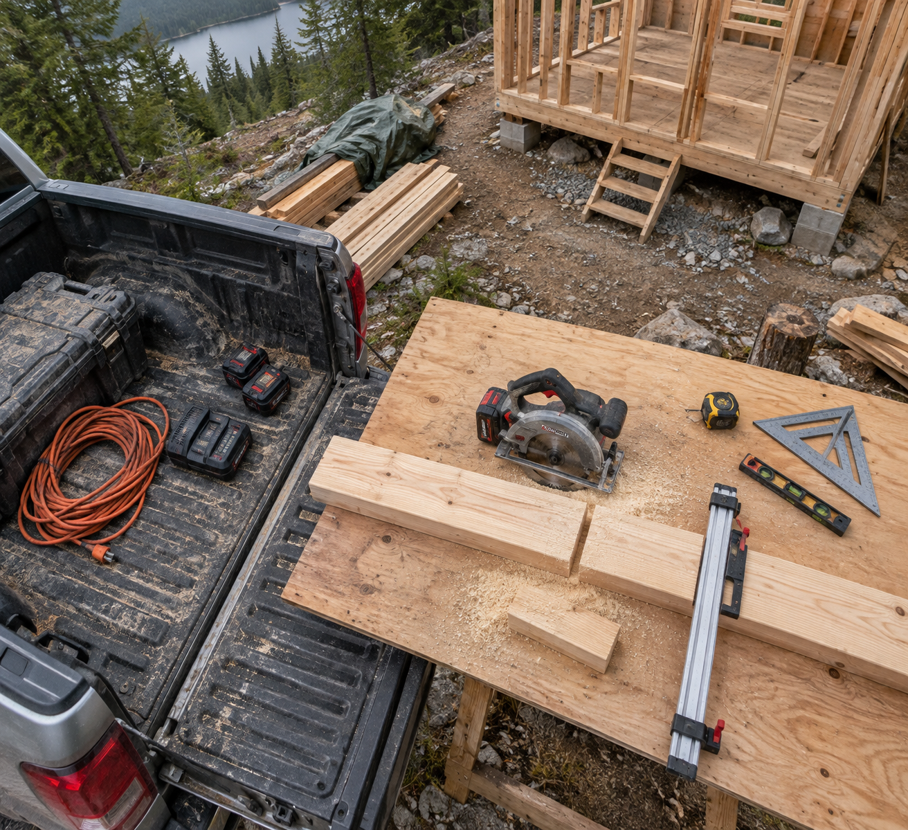 Cordless circular saw, fresh-cut lumber, and hand tools on a truck bed at a cabin site—beginners tools for woodworking in use.