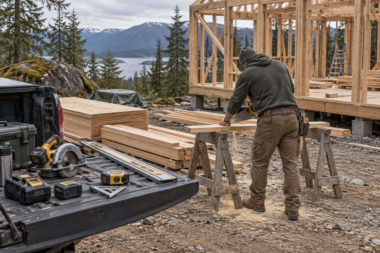 Builder sawing lumber beside an unfinished cabin frame in the woods, with beginners tools for woodworking arranged nearby.
