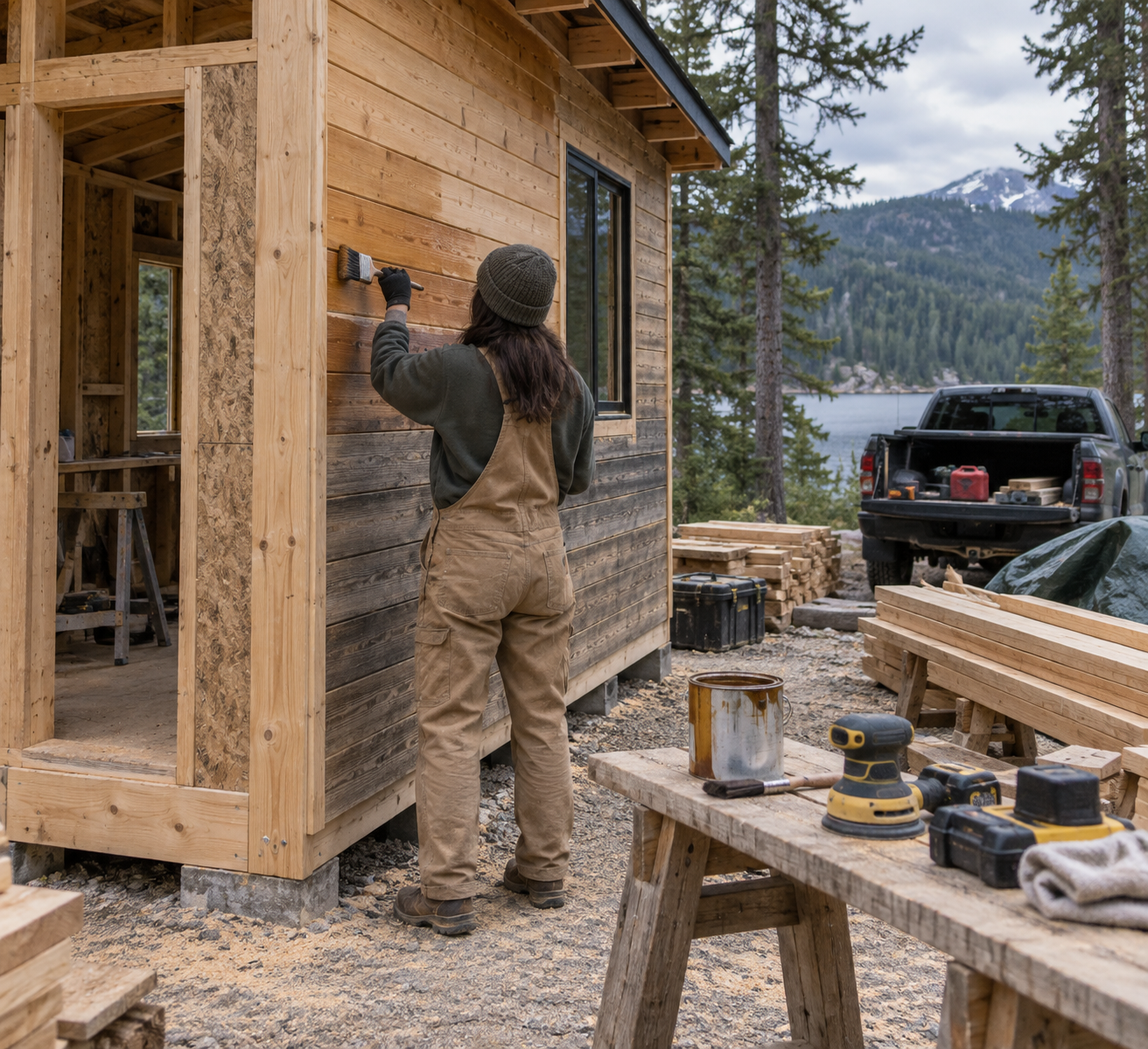 Beginner builder applies clear finish to cabin siding at an off-grid site, with beginners tools for woodworking nearby.