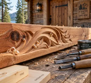 Close-up of carving into wood: flowing grooves in a cedar cabin door lintel, with wood curls and carving tools nearby.