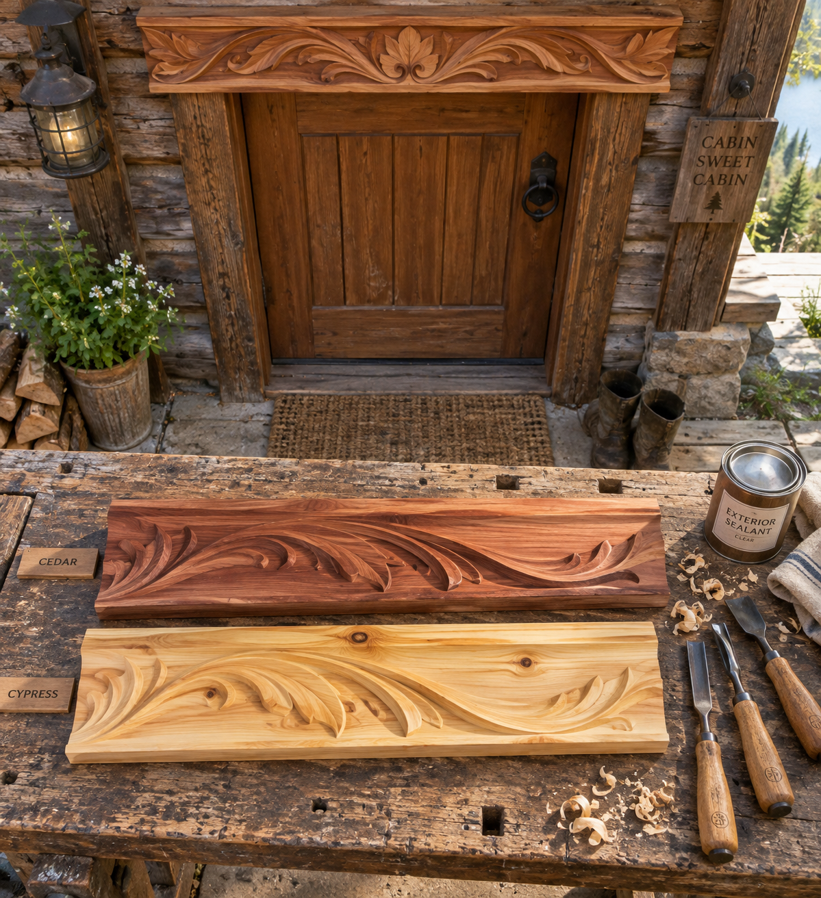 Cedar and cypress carving samples on a rustic bench, with chisels and sealant beside a cabin door and carved trim.