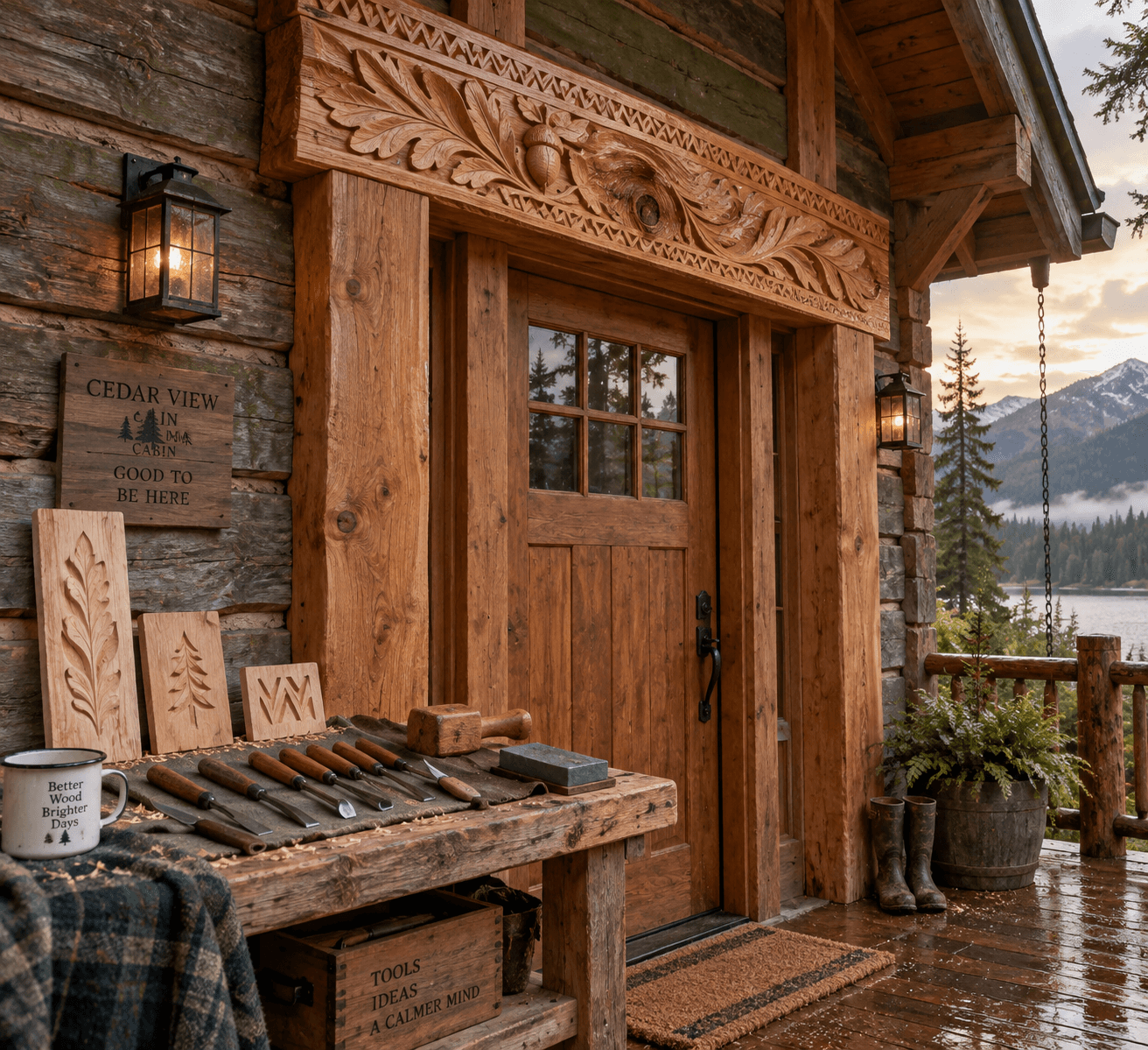 Hand-carved cedar lintel above a cabin doorway, with carving tools and sample boards on a nearby bench; carving into wood in warm light.