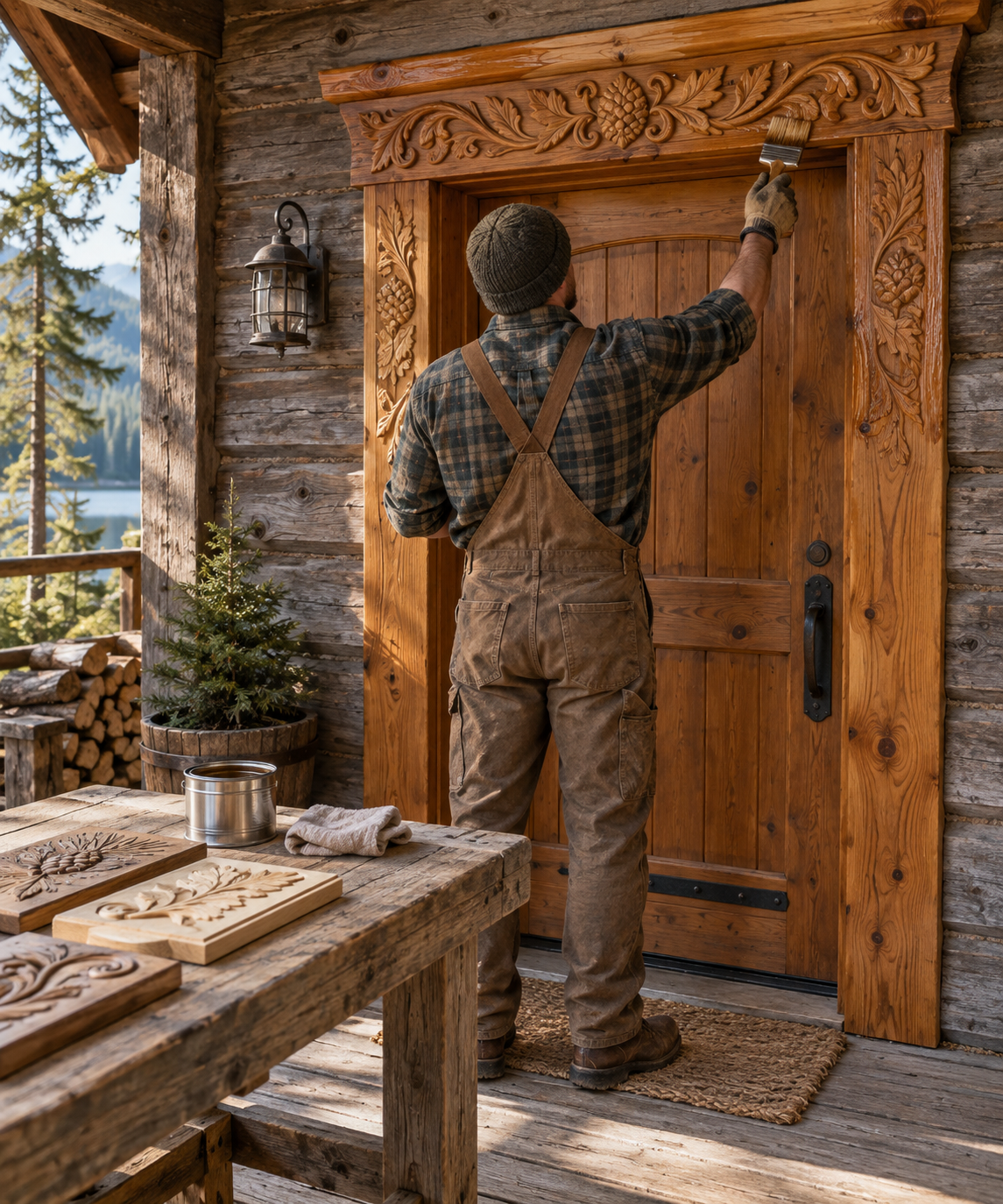 Woodworker brushes clear sealant onto a carved cedar doorway, with “carving into wood” samples on a workbench nearby.