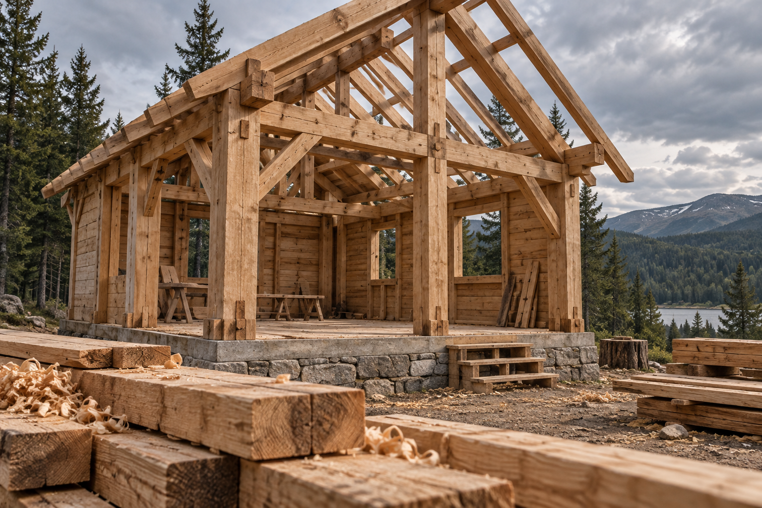 Timber beam houses cabin frame with visible joinery, stacked lumber, and evergreen woodland beyond under a cloudy sky.