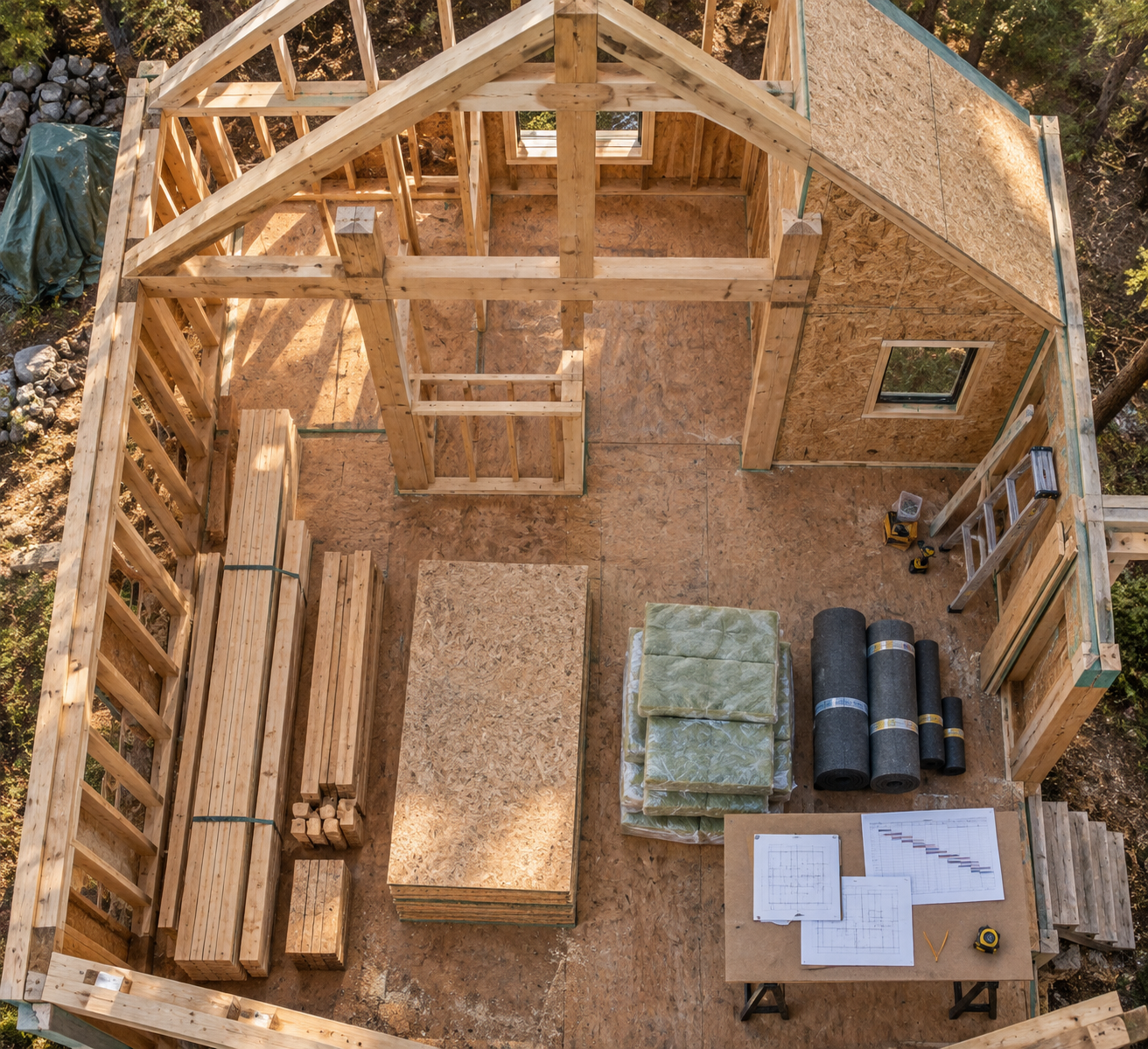 Overhead view of a cabin under construction, with exposed timber beams, building materials, invoices, and a schedule—beam houses in progress.