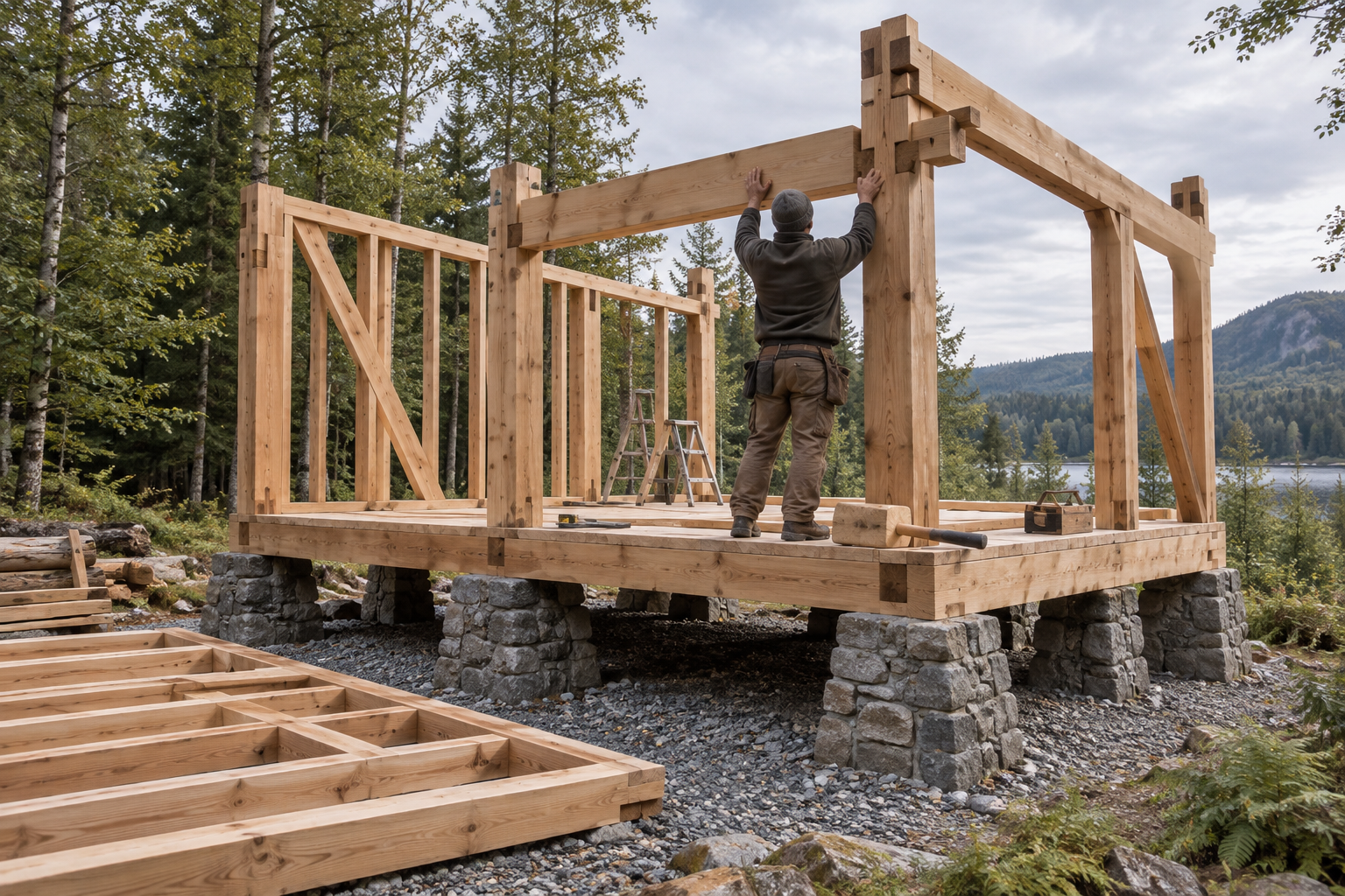 Builder steadies a timber beam on a raised cabin frame with mortise-and-tenon joints in a woodland clearing, illustrating beam houses.