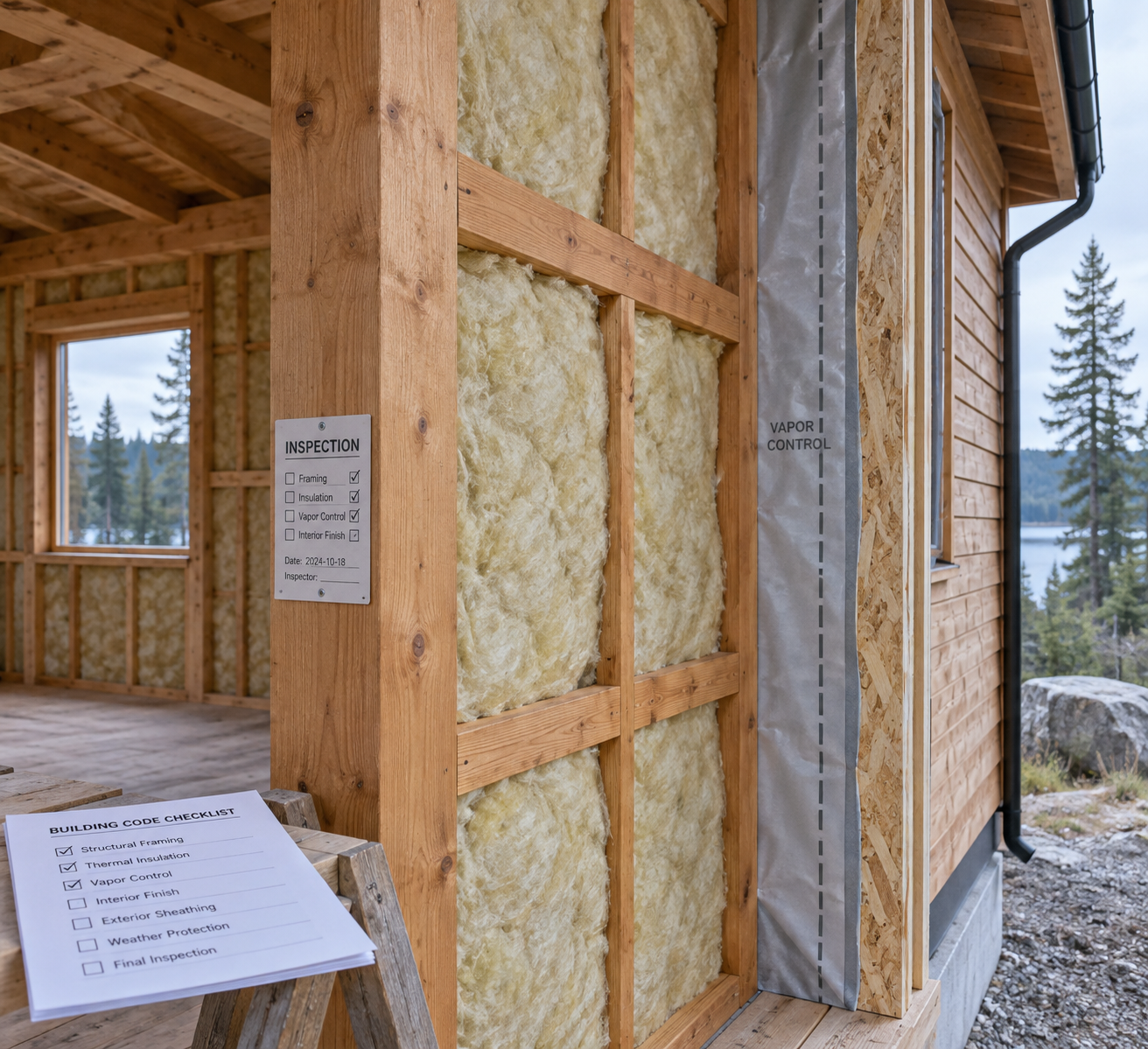 Open cabin wall shows timber framing, snug insulation, layered construction, and an inspection tag in a beam houses setting.