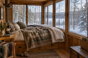A cozy sleeping porch with layered bedding, framed storm panels, and a quiet snow-dusted forest beyond the screens.