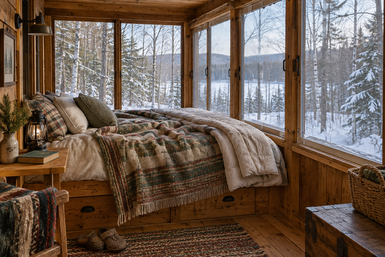 A cozy sleeping porch with layered bedding, framed storm panels, and a quiet snow-dusted forest beyond the screens.