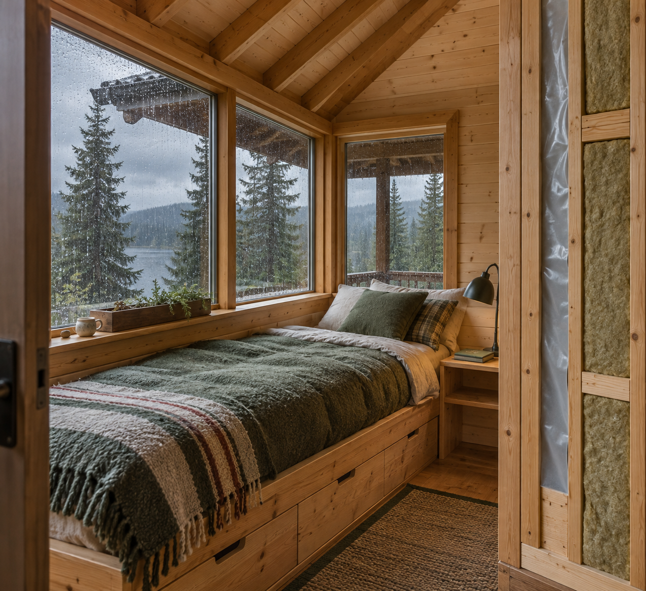 Timber sleeping porch with a neatly made daybed, exposed rafters, visible insulation details, and rain-speckled windows overlooking spruce trees.