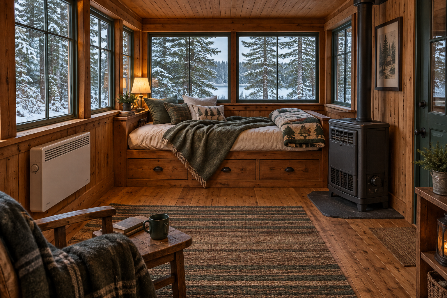 A cozy cabin sleeping porch with a daybed, wool blankets, and two distinct heaters beneath winter-lit windows overlooking a snowy forest.