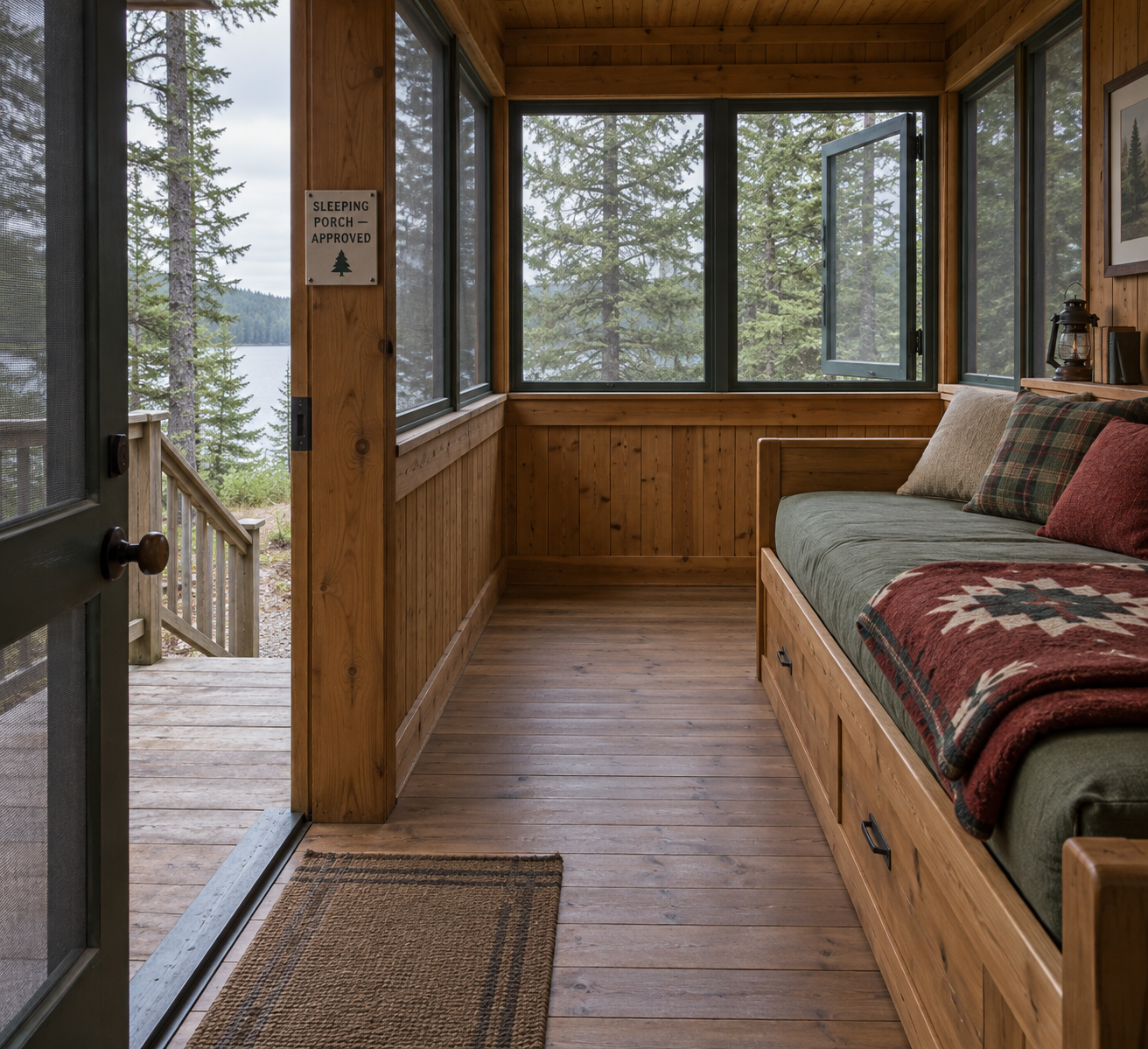 Sleeping porch with timber daybed, clear exit path, approved permit placard, screened windows, and wooded views.
