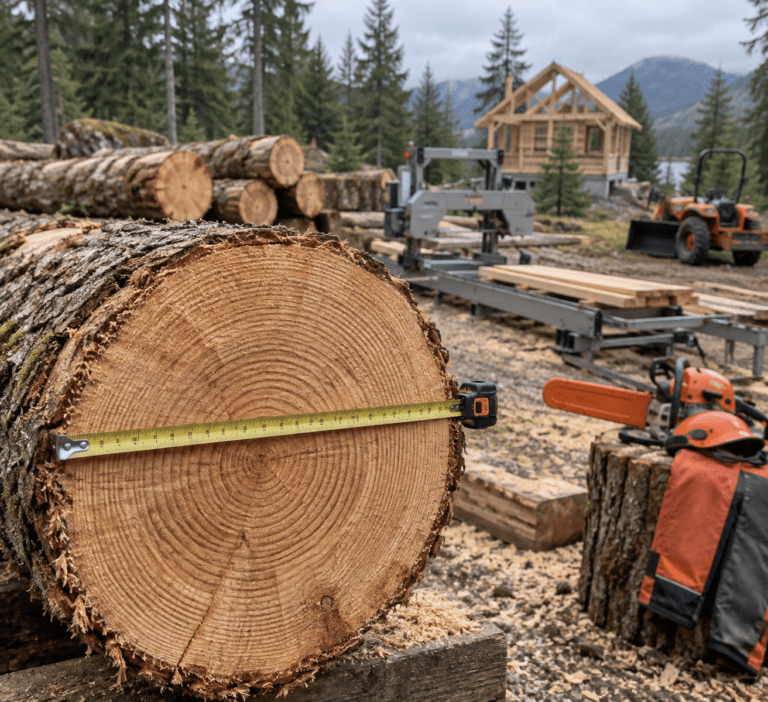 Measuring tape spans a freshly cut Douglas fir log amid logging wood, a portable sawmill, tractor, and cabin frame in the forest.