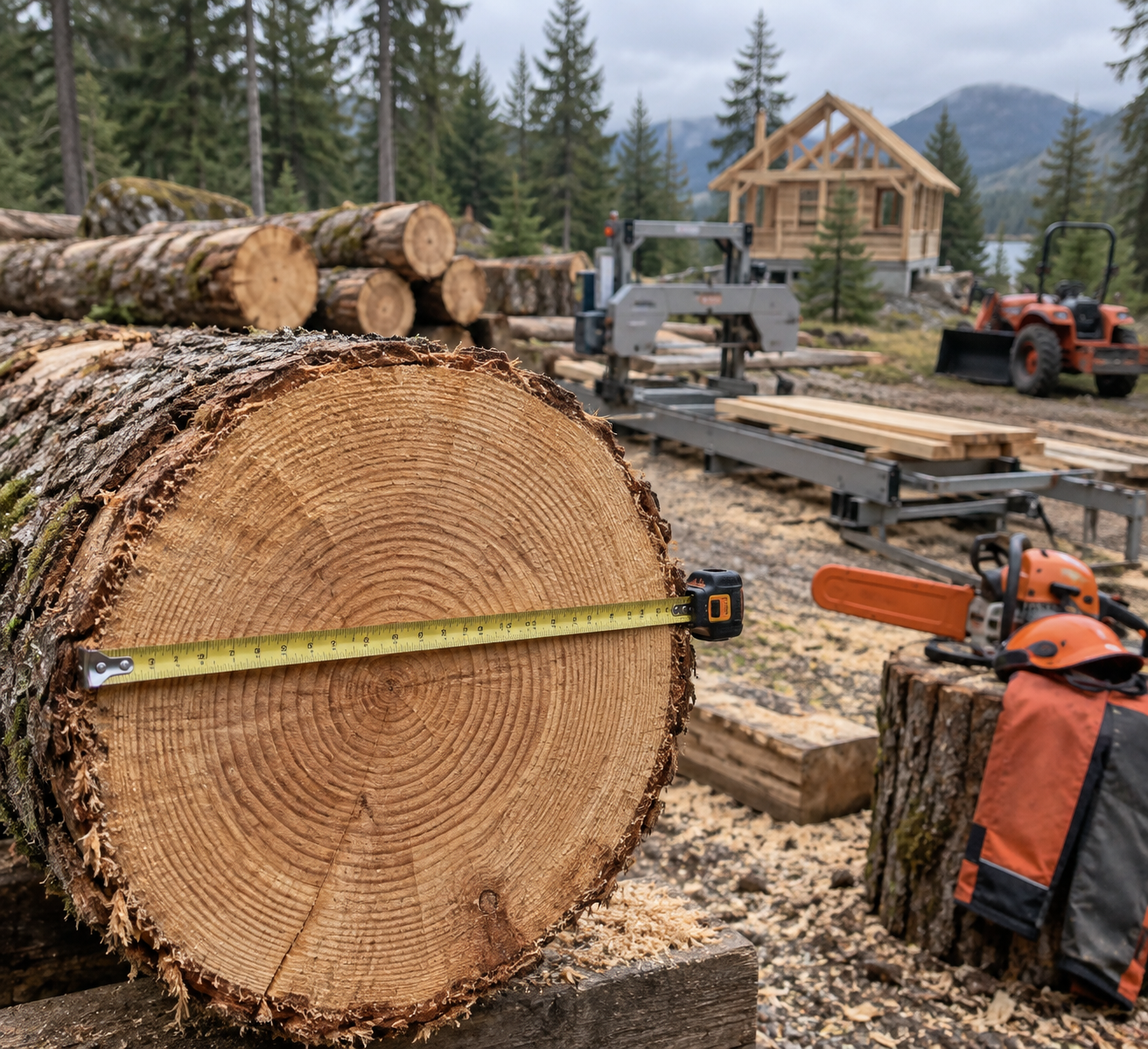 Measuring tape spans a freshly cut Douglas fir log amid logging wood, a portable sawmill, tractor, and cabin frame in the forest.