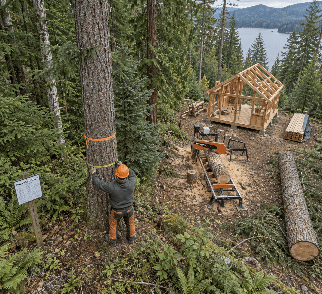Builder measures a marked Douglas fir beside a cabin site, sawmill, stacked lumber, and intact forest; careful logging wood selection.