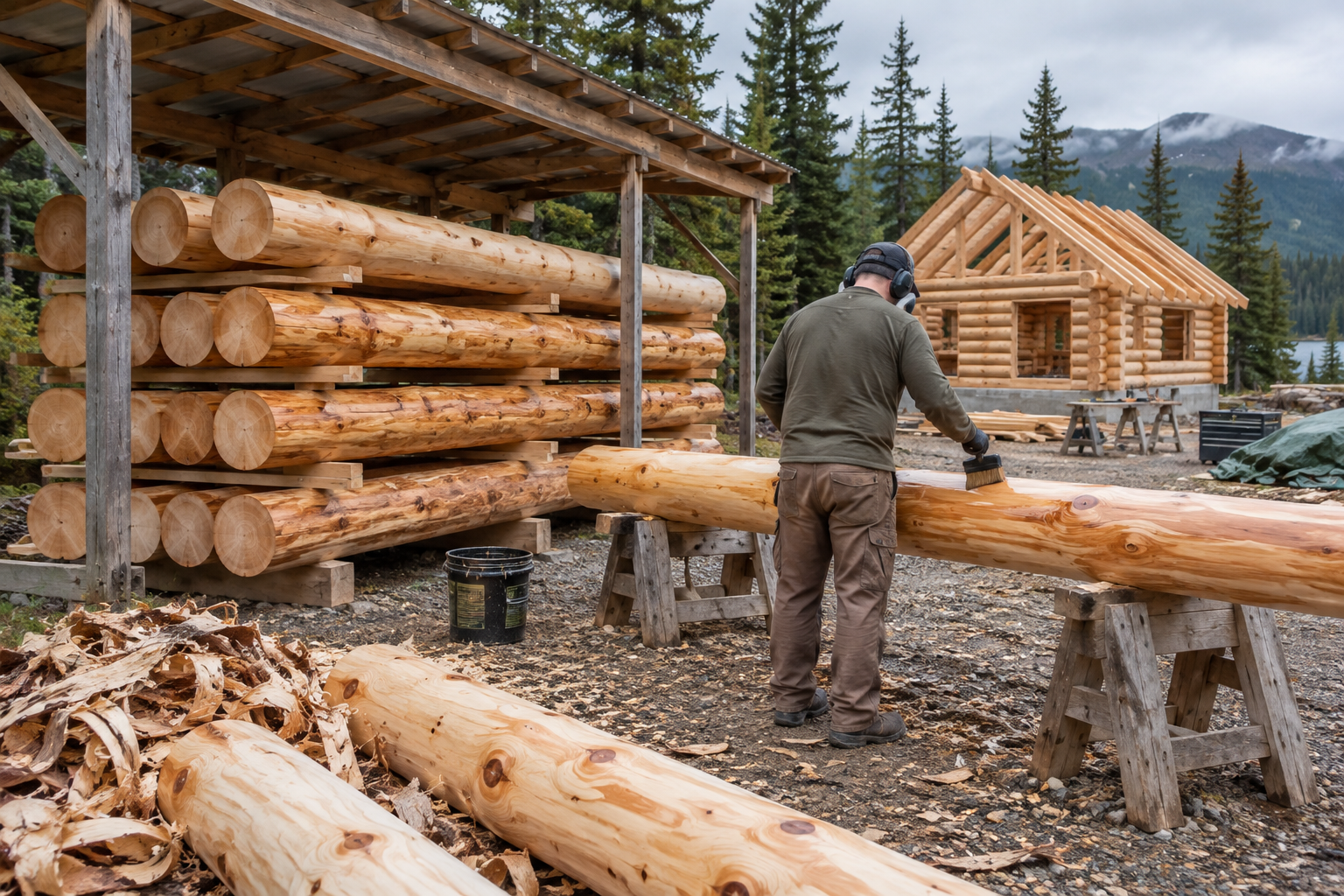Builder treats peeled logs beside a stickered drying stack at a forest-edge cabin site, with logging wood under an open-sided shelter.