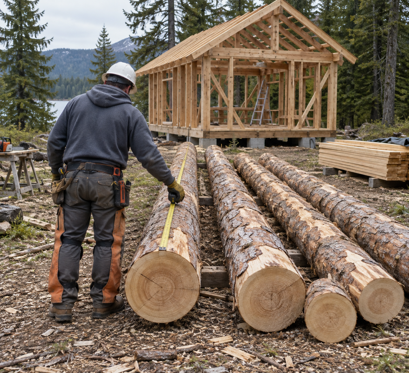 Builder in hard hat measures a row of logging wood beside an unfinished cabin frame in a forest clearing.