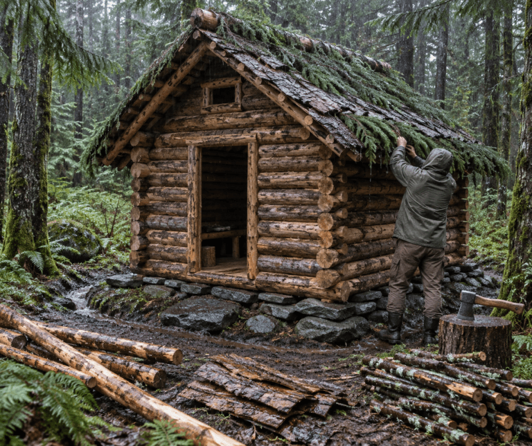 Builder finishing a bark-and-bough cabin among wet trees, with stone foundation and wood supplies; how to build shelter in woods.