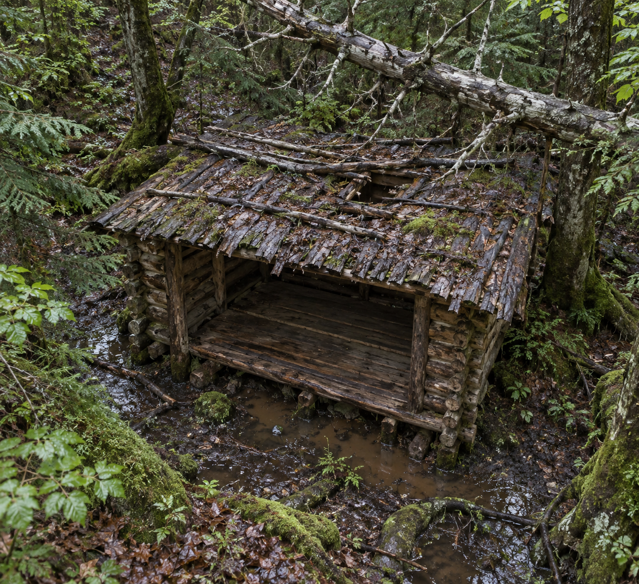 Unfinished log cabin in a damp forest hollow beneath a dead limb, illustrating how to build shelter in woods poorly drained ground.