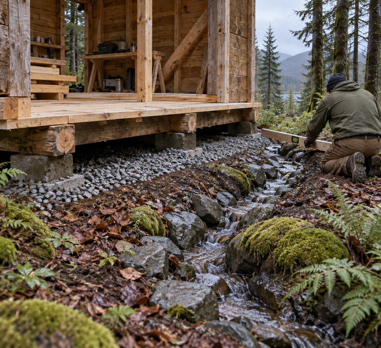 Raised timber cabin with gravel and a stone-lined drainage channel; a builder checks the slope. How to build shelter in woods.