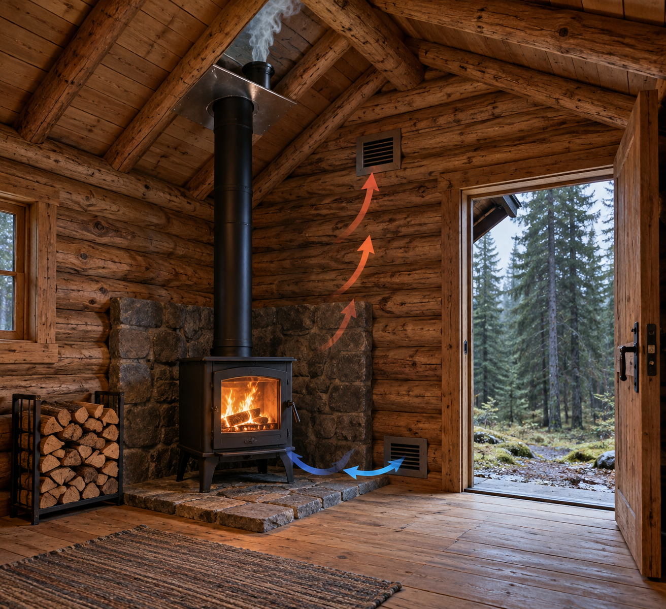 Wood stove, vent, and fresh-air inlet in a log cabin; how to build shelter in woods with safe airflow and a glowing hearth.