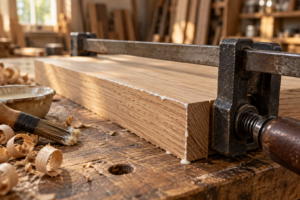 Close-up of oak boards held by a bar clamp during gluing of wood, with a thin white glue line along the seam.