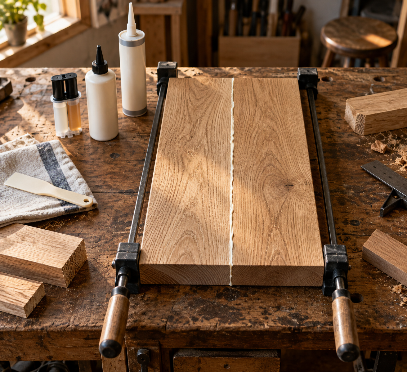 Overhead view of clamped oak boards during gluing of wood, with adhesive containers, offcuts, a spreader, and cloth on a warm workbench.