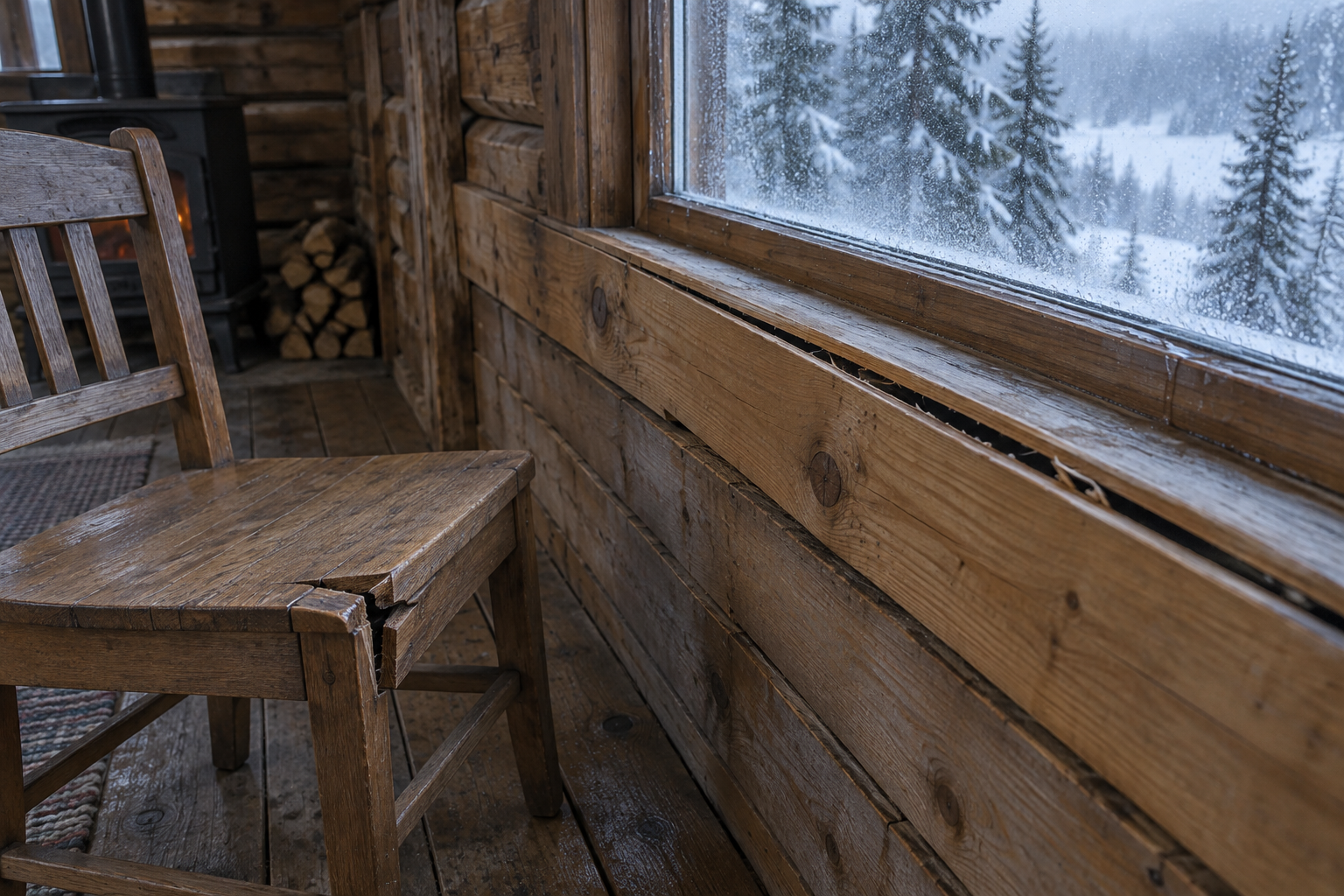 A cabin window overlooks snowy spruce as moisture-weakened wood joints split; a rail and chair show failed gluing of wood.
