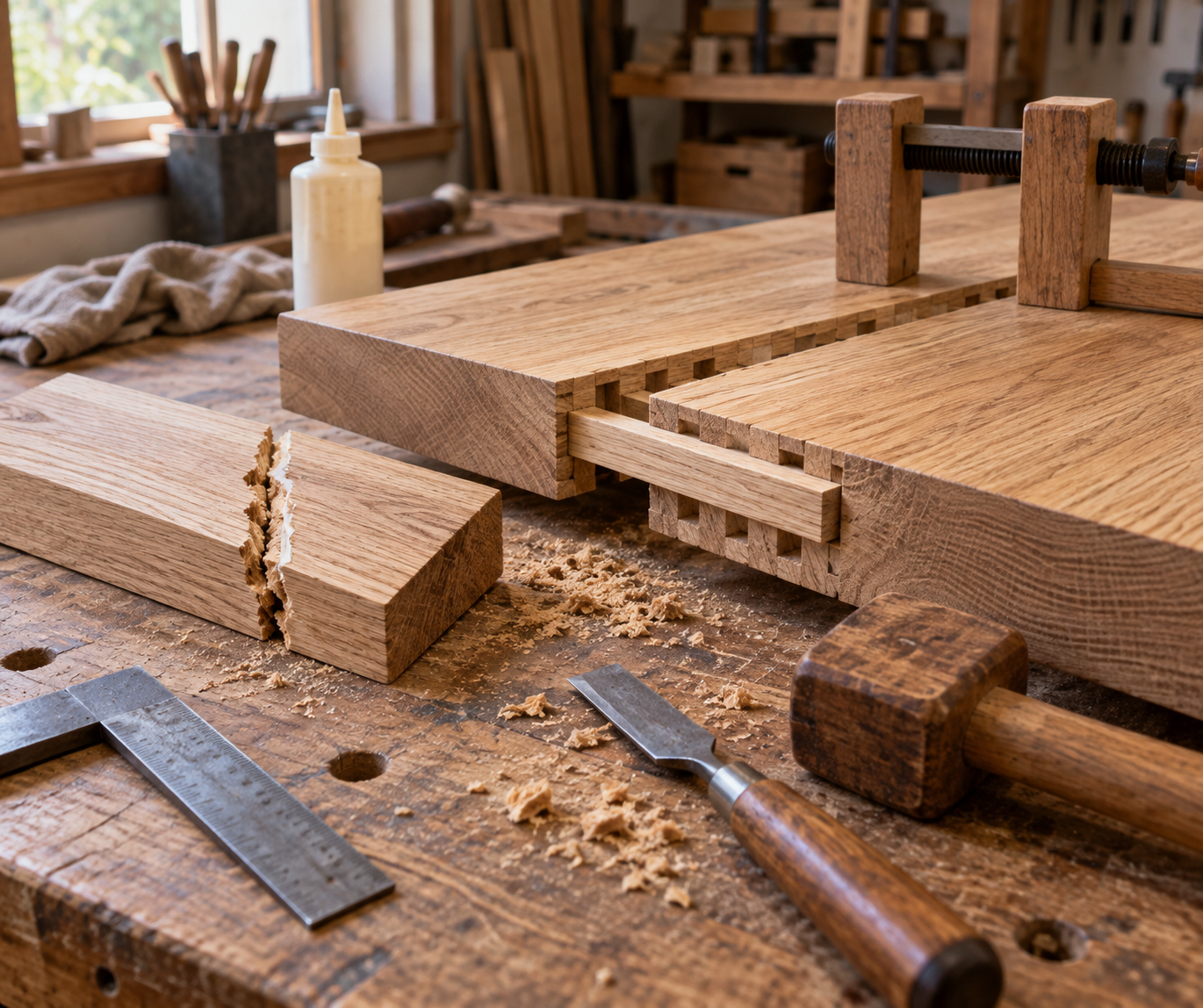 Oak tabletop joint reinforced with a fitted spline and clamp beside a split glue sample, showing why gluing of wood alone failed.