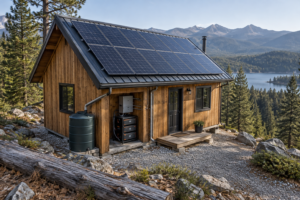 Off-grid cedar cabin with a solar cell roof, battery cabinet, and rain barrel in a rugged pine clearing beneath a distant ridge.