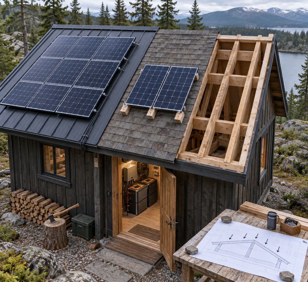 Solar cell roof panels span a compact forest cabin’s metal and shingled sections, beside exposed rafters and a battery cabinet.