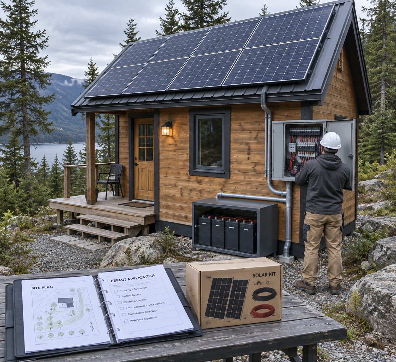 Installer checks wiring beside a cabin with a solar cell roof, battery enclosure, and outdoor table holding plans and a solar kit.