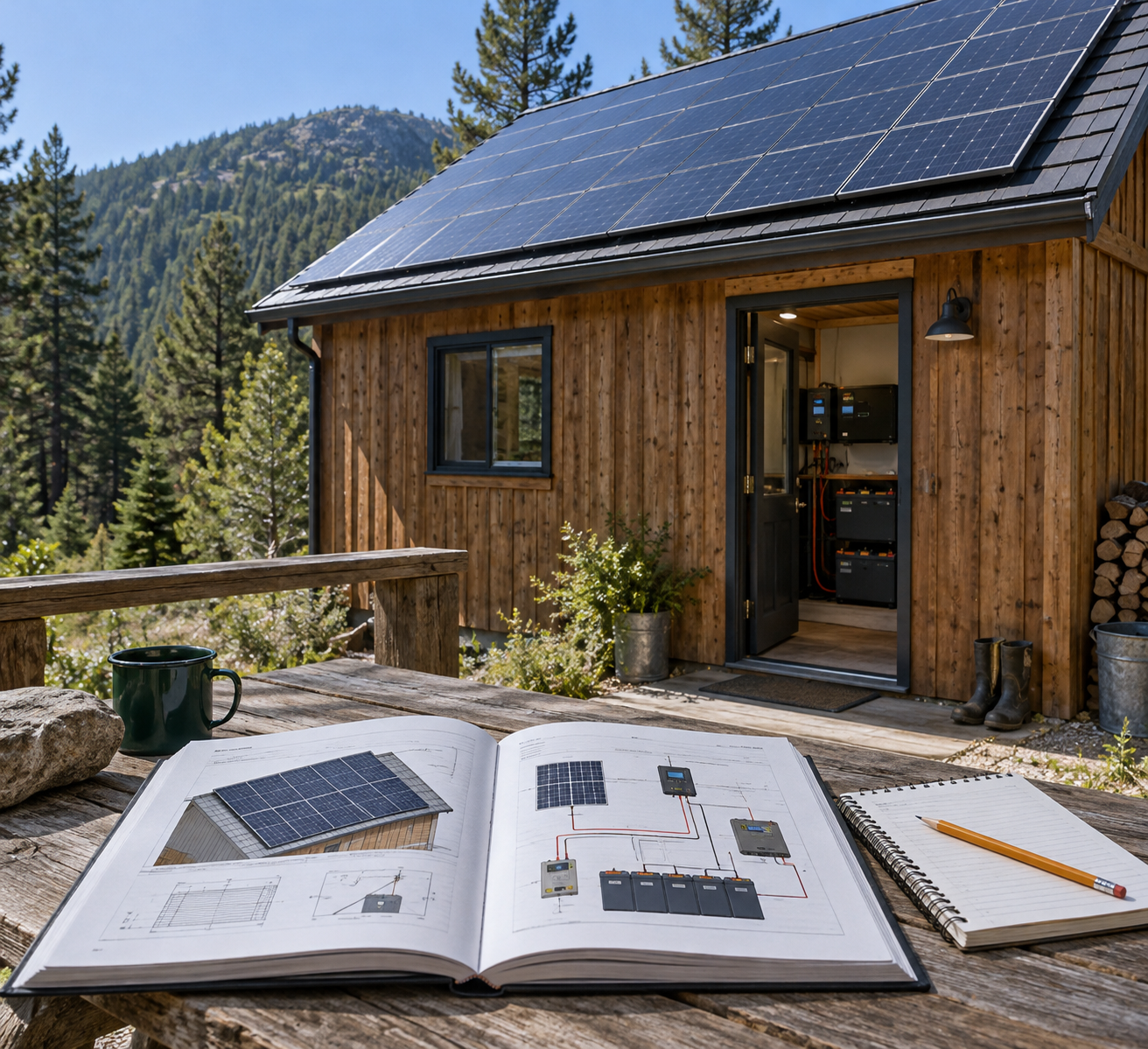 Open solar cell roof panels on an off-grid cabin, with a technical diagram book on a weathered table and pine hills beyond.