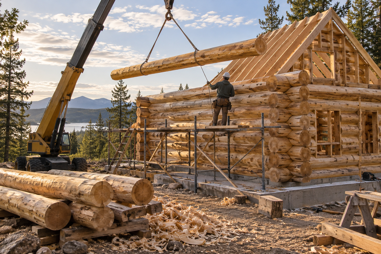 Log home construction with interlocking pine walls, a crane lifting a log, and a builder guiding it beneath unfinished roof rafters.