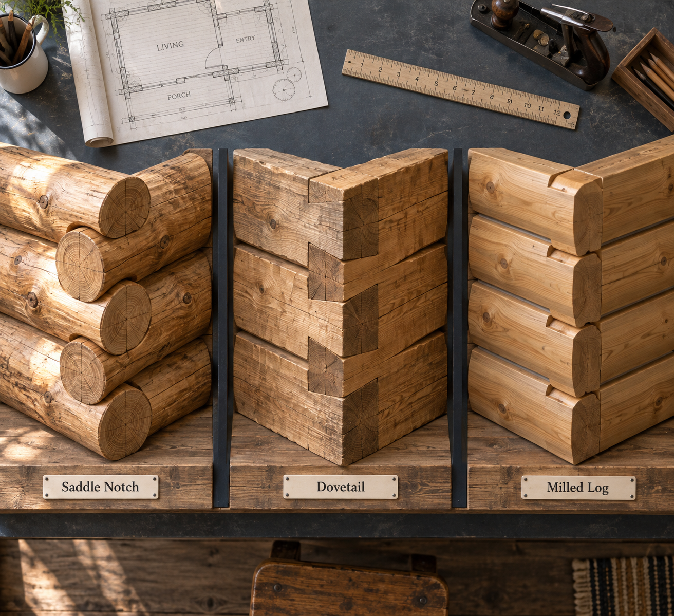 Overhead comparison of saddle notch, dovetail, and milled log joints on a board, illustrating log home construction methods.