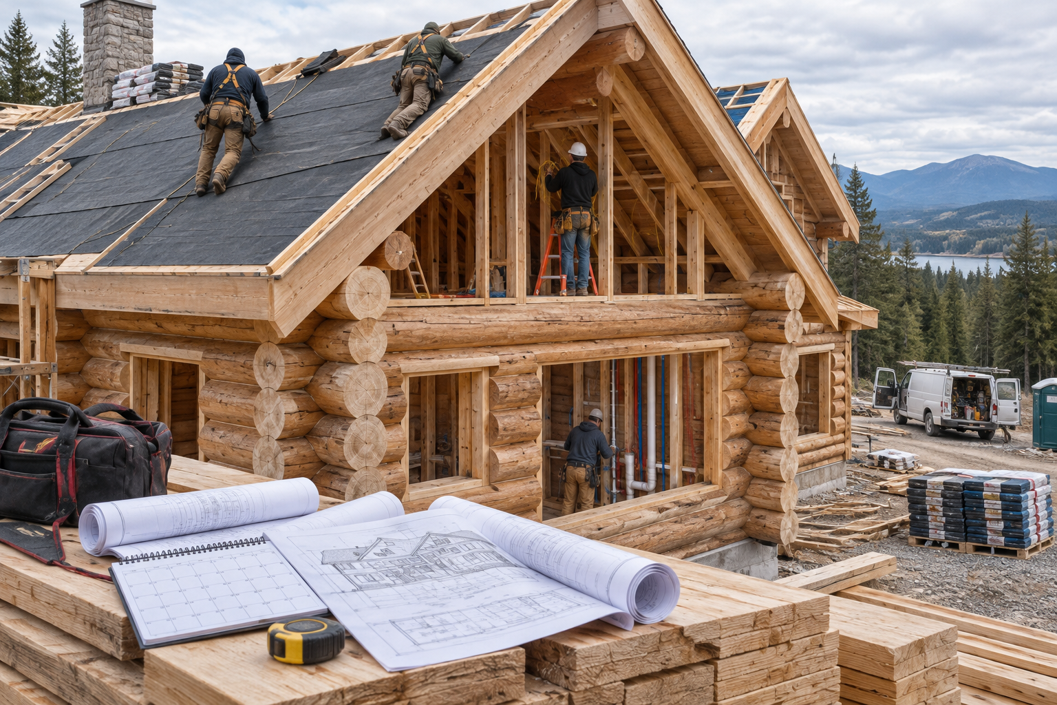 Log home construction with roofers, an electrician, and a plumber working on a timber house amid plans and tools.