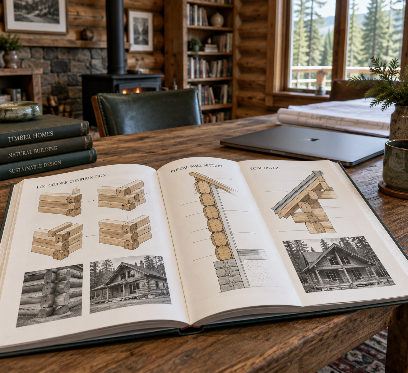 Open construction reference book with diagrams and photos of timber homes on a wooden table in a quiet log home library.