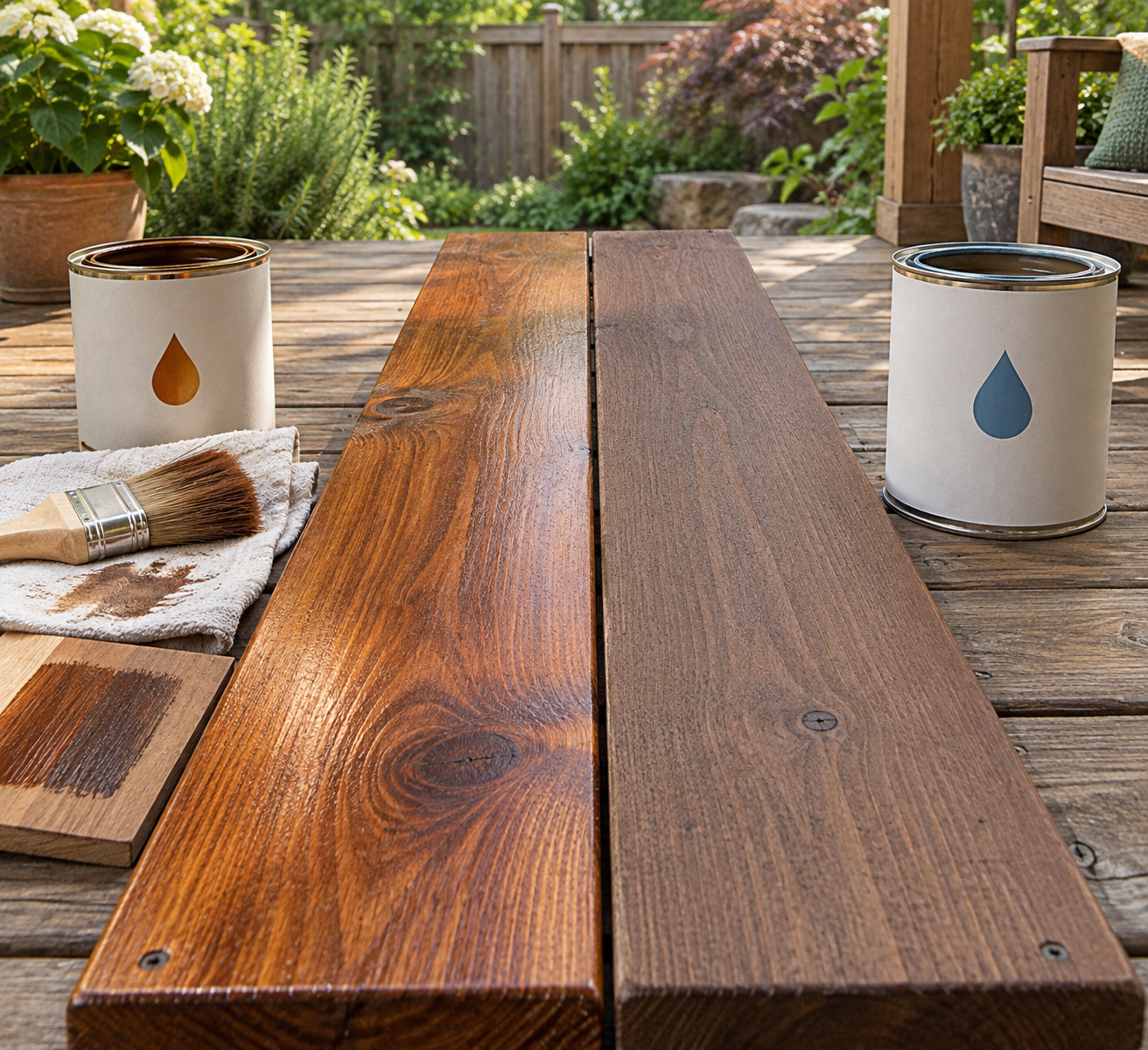 Oil vs water based stain comparison on adjacent cedar deck boards, with sample cans, brush, and cloth nearby.