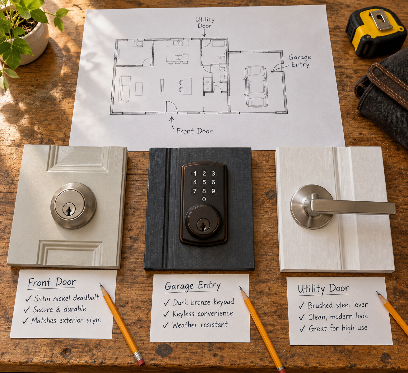 Overhead door hardware plan on an oak workbench, with labeled door samples, notes, and “oil vs water based stain” written on the floor plan.